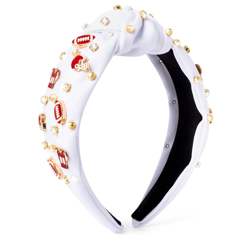 PANTIDE Football Jeweled Knotted Headband - Red Football Rhinestone Crystal Embellished Headband Wide Top Knot Fashion Hairband Mom Accessories Sports Game Day Birthday Gift for Fan Women Girl (White) - Image 1